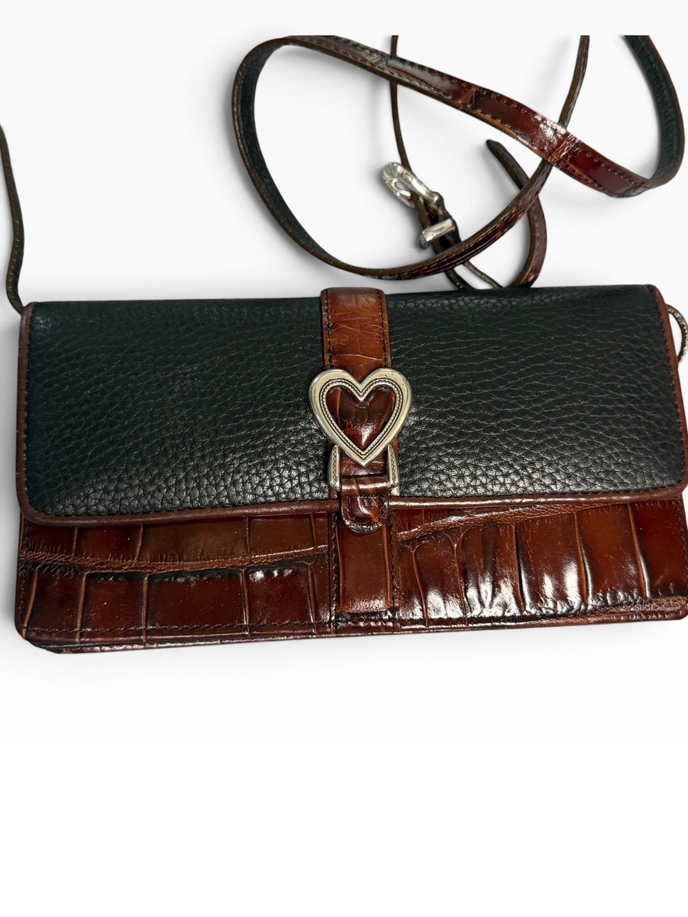 Brighton Two-Tone Black Pebbled & Brown Croc Crossbody with Heart Accent